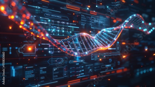 Glowing DNA Strand on Futuristic Digital Interface with Data and Analytics