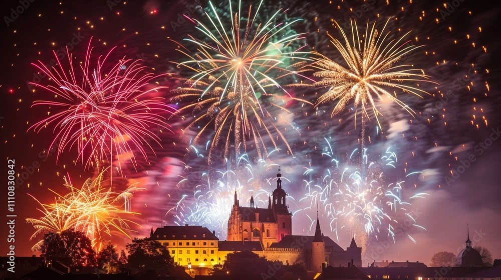 Naklejka premium Spectacular Fireworks Display Over Historic Castle at Night