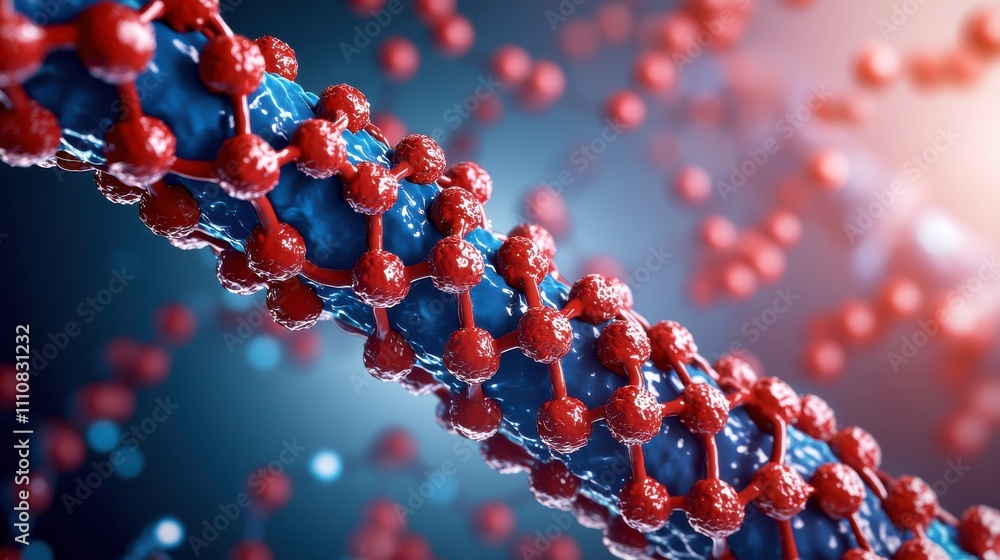 A close-up visualization of a molecular structure, featuring interconnected atoms represented in red and blue, set against a blurred, glowing background. A close-up visualization of a molecular structure, featuring interconnected atoms represented in red and blue, set against a blurred, glowing background.