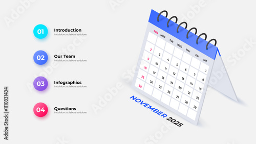 Isometric vector calendar for 2025. November month. Agenda illustration. Week starts on Sunday.