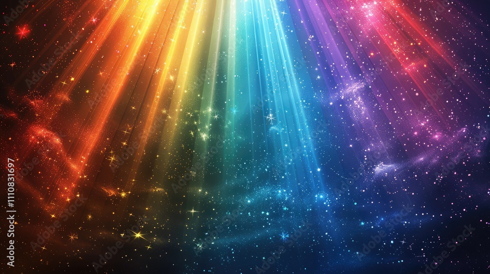 Fototapeta premium A vibrant cosmic background with colorful light rays and sparkling stars.