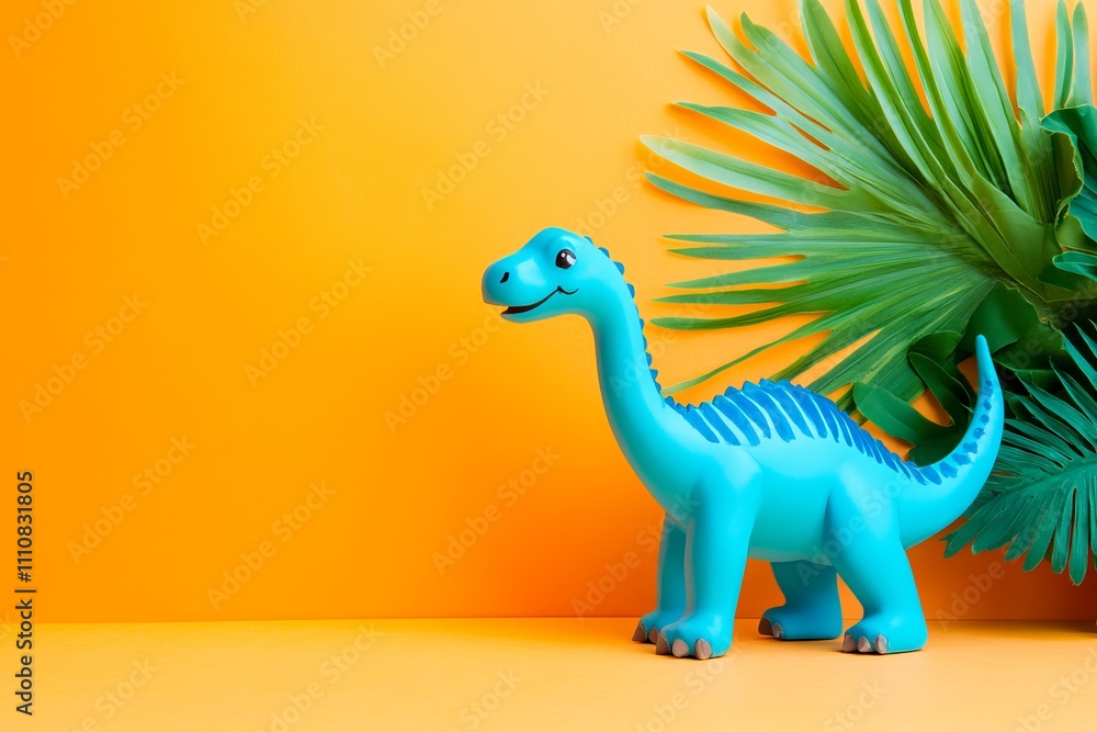 Fototapeta premium Minimalist plain yellow background for product photography, featuring one cute blue and yellow dinosaur toy with vibrant, full focus on the subject. National Draw a Dinosaur Day.