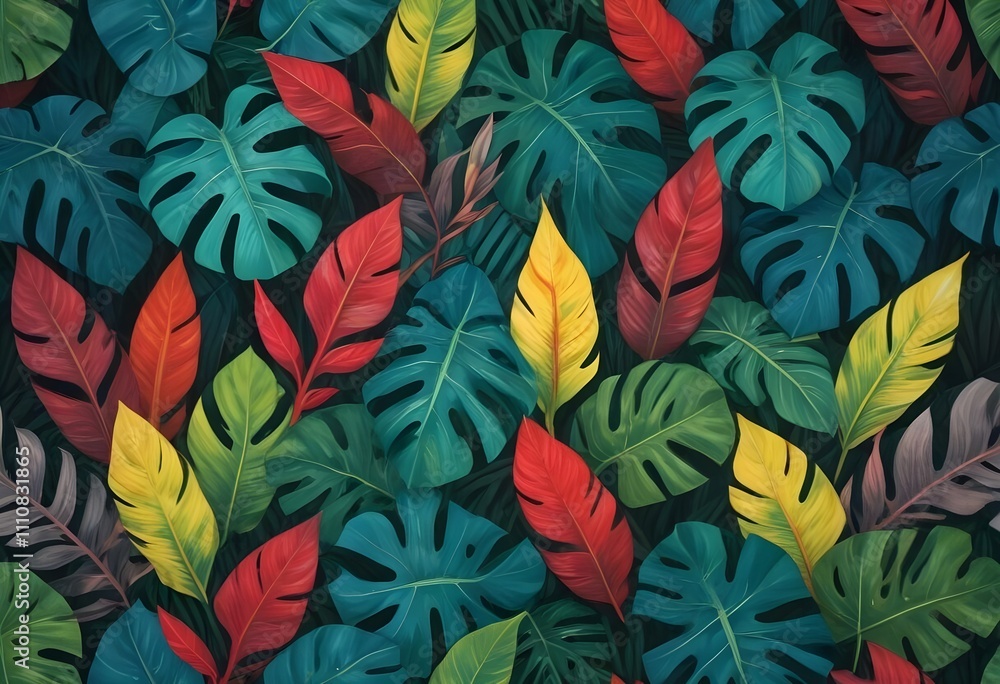 Tropical exotic pattern with animal and flowers in bright colors and lush vegetationn Tropical exotic pattern with animal and flowers in bright colors and lush vegetationn