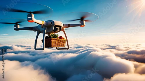 Innovative Drone Delivery with Basket Flying Above Clouds at Sunrise

 photo