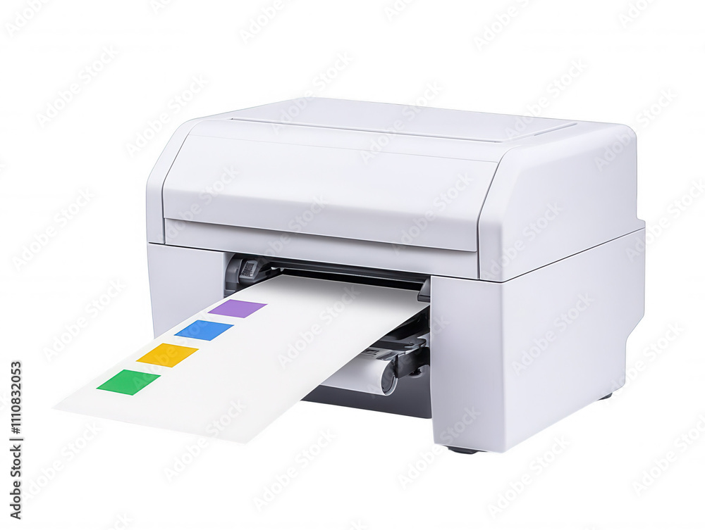 Compact White Printer with Colorful Rainbow Sticker on Paper Output Tray Compact White Printer with Colorful Rainbow Sticker on Paper Output Tray
