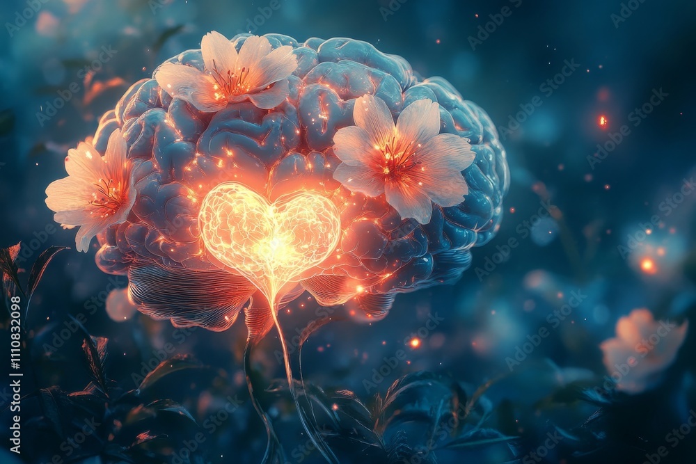 Fototapeta premium Surreal glowing brain with blooming flowers and a heart symbolizing love, intelligence, and emotional connection