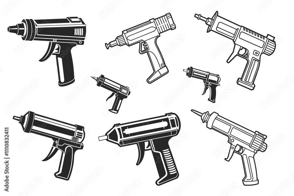 Set of Caulking Gun vector silhouette line art Set of Caulking Gun vector silhouette line art