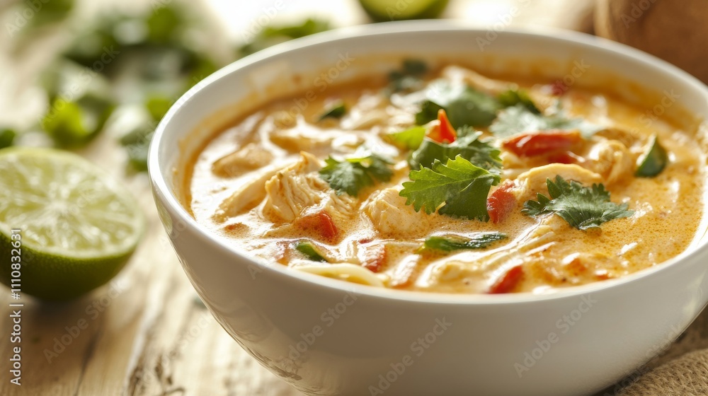 Photo of, A bowl of creamy coconut curry soup filled with chicken, vegetables Photo of, A bowl of creamy coconut curry soup filled with chicken, vegetables