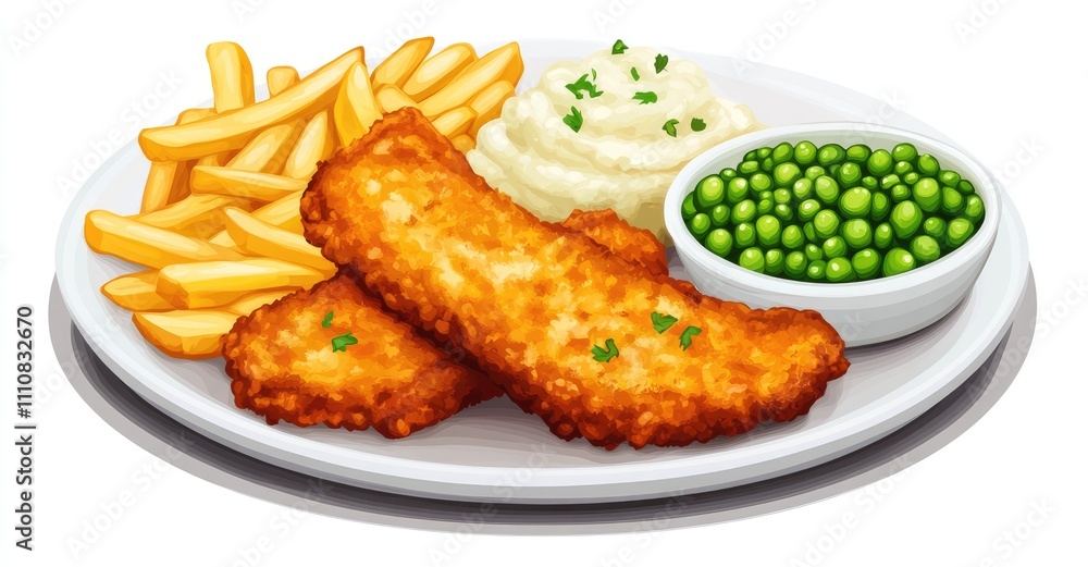 Fish fingers, mashed peas and chips fries. AI generated illustration. Fish fingers, mashed peas and chips fries. AI generated illustration.