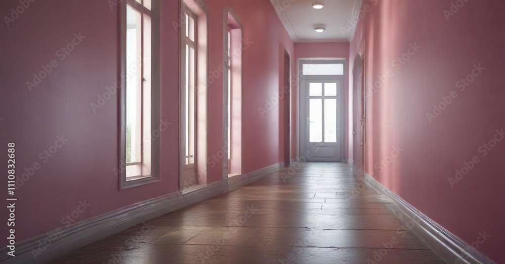 Brightly colored hallway with a long, narrow window that lets in sunbeams and illuminates the space , warm tones, lively ambiance, inviting decor Brightly colored hallway with a long, narrow window that lets in sunbeams and illuminates the space , warm tones, lively ambiance, inviting decor