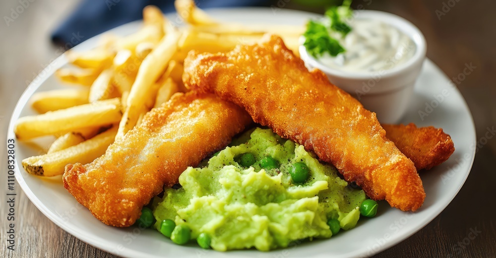 Fish fingers, mashed peas and chips fries. AI generated illustration. Fish fingers, mashed peas and chips fries. AI generated illustration.