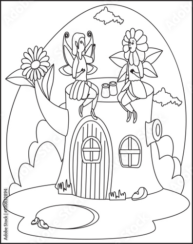 UploadFairy tale old medieval town, underground shelter for dragon family. The butterfly barista serves coffee pots and cups to the table on the terrace. Adults coloring book page