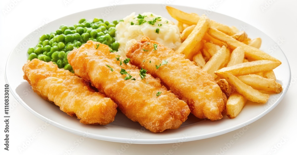 Fish fingers, mashed peas and chips fries. AI generated illustration. Fish fingers, mashed peas and chips fries. AI generated illustration.