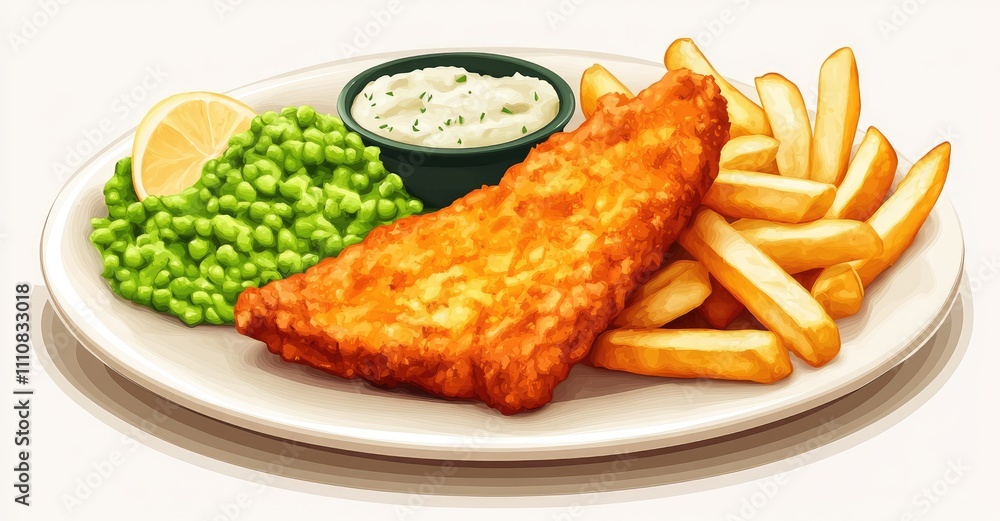 Fish fingers, mashed peas and chips fries. AI generated illustration. Fish fingers, mashed peas and chips fries. AI generated illustration.