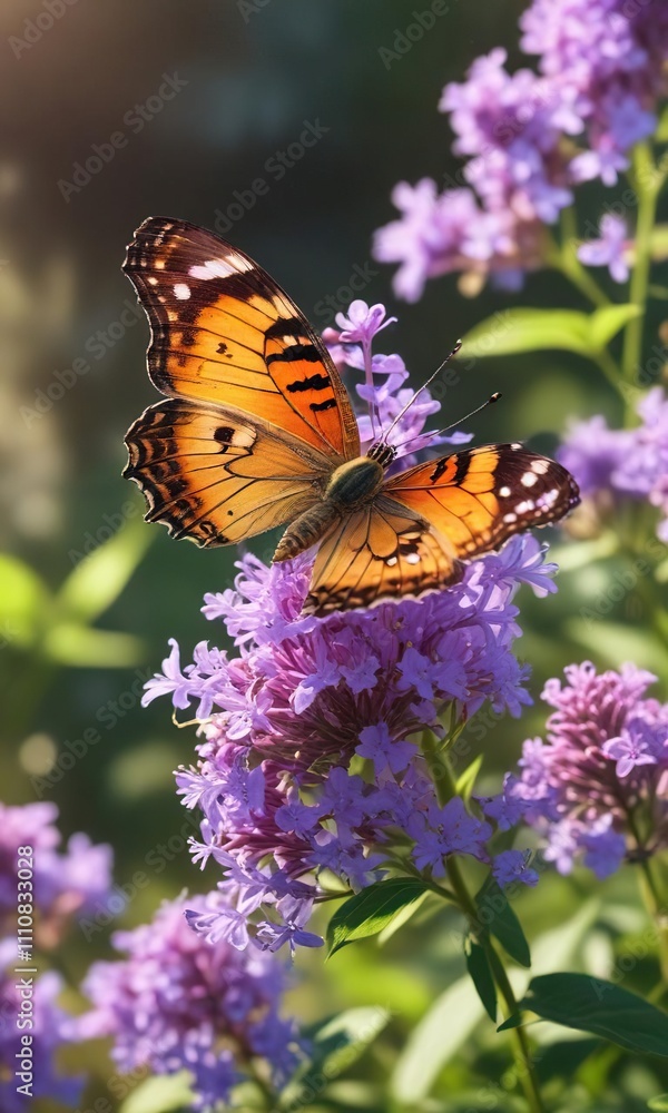 Butterfly perched on a vibrant lilac-purple wildflower in the sunlight, lilac flower, butterfly, purple Butterfly perched on a vibrant lilac-purple wildflower in the sunlight, lilac flower, butterfly, purple