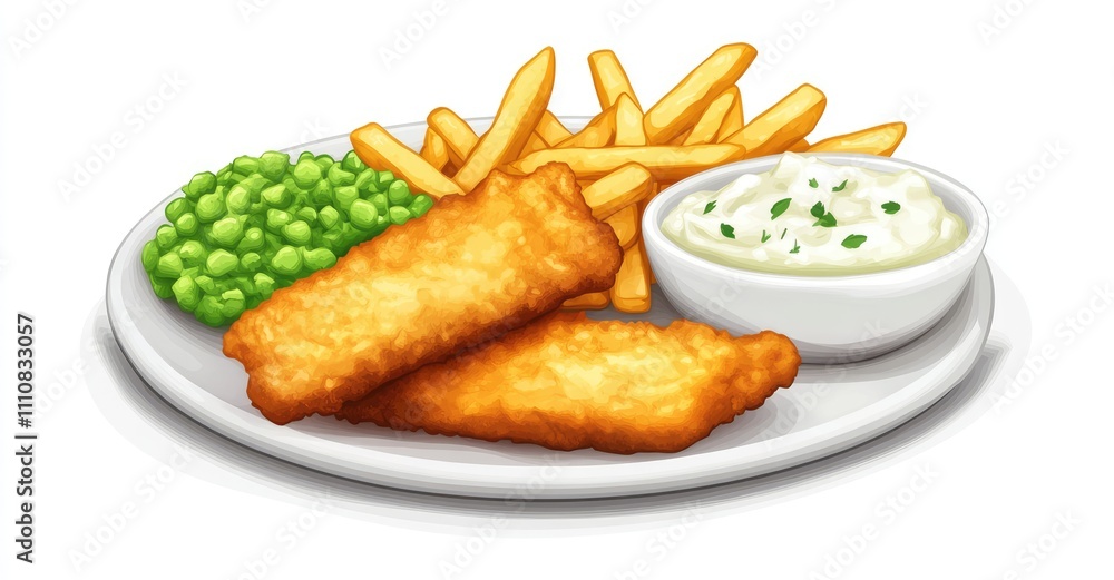 Fish fingers, mashed peas and chips fries. AI generated illustration. Fish fingers, mashed peas and chips fries. AI generated illustration.