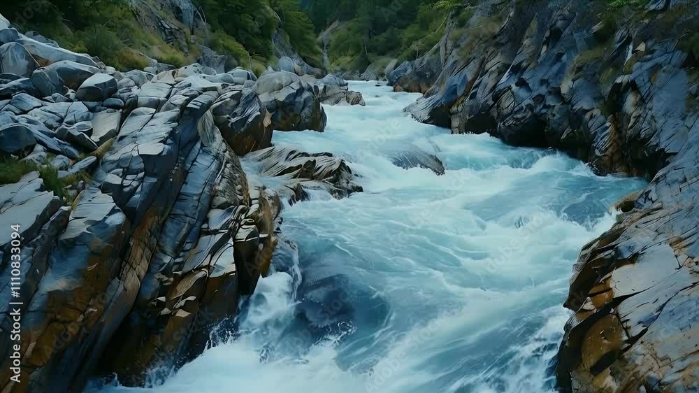 A rushing river flows through rocky terrain surrounded by lush greenery. A rushing river flows through rocky terrain surrounded by lush greenery.