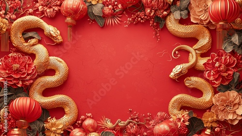 Wallpaper Mural Golden Snake and Floral Decorations on Red Background Torontodigital.ca
