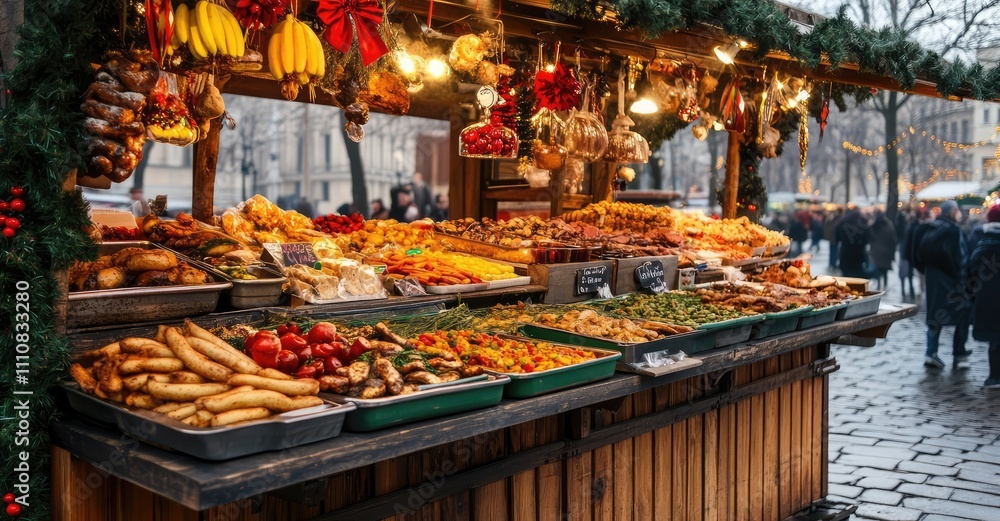 Traditional Polish street food booth at Christmas market in Kraków. AI generated illustration. Traditional Polish street food booth at Christmas market in Kraków. AI generated illustration.