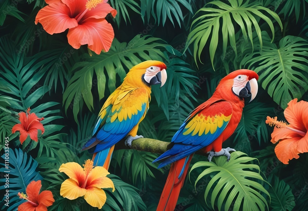 Tropical exotic pattern with animal and flowers in bright colors and lush vegetationn Tropical exotic pattern with animal and flowers in bright colors and lush vegetationn