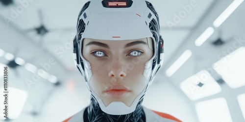 A woman in a futuristic outfit with a helmet on her head. The helmet has a red and white design photo