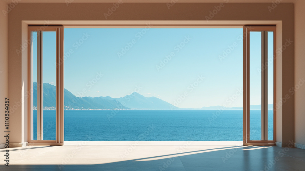 Fototapeta premium Serene ocean view through large open window, with distant mountains under clear blue sky.