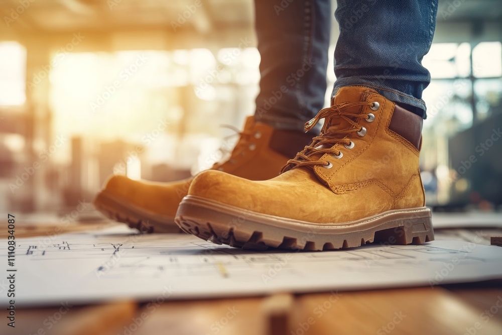 Closeup of Work Boots on Blueprint in a Sunny Workshop