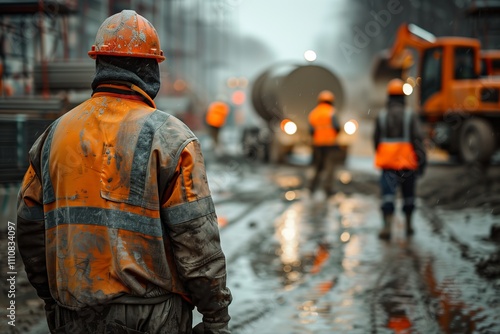 Construction workers laboring on a muddy site amidst machinery and scaffolding.