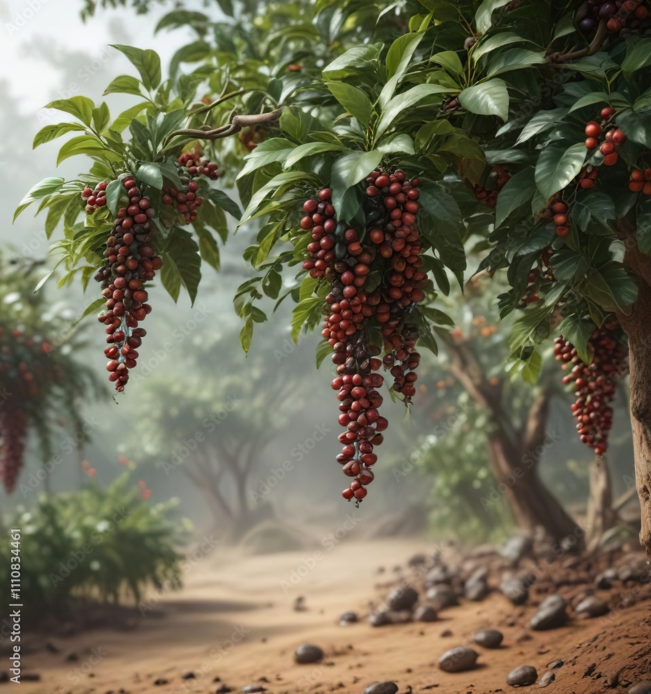 Coffee plants with ripe coffee beans hanging from branches, coffee beans, coffee plants Coffee plants with ripe coffee beans hanging from branches, coffee beans, coffee plants