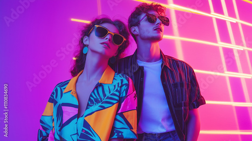 Neon Dreams: A stylish couple,  wearing vintage sunglasses and bold 80s attire, pose against a vibrant neon backdrop.