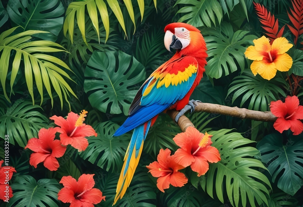 Tropical exotic pattern with animal and flowers in bright colors and lush vegetationn Tropical exotic pattern with animal and flowers in bright colors and lush vegetationn