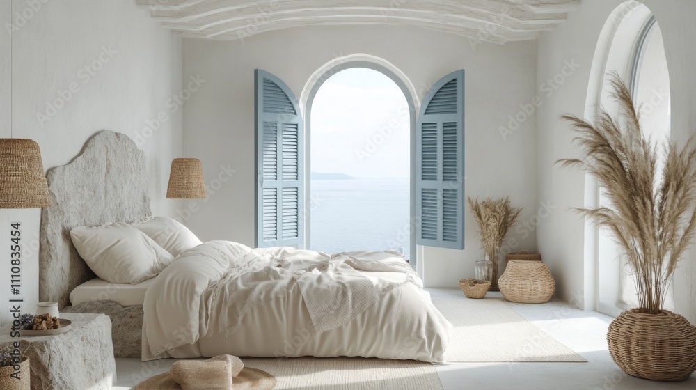 Fototapeta premium Coastal Style Bedroom with Sea View. A serene and stylish bedroom design with a breathtaking ocean view. Neutral tones and natural elements create a tranquil space perfect for relaxation.