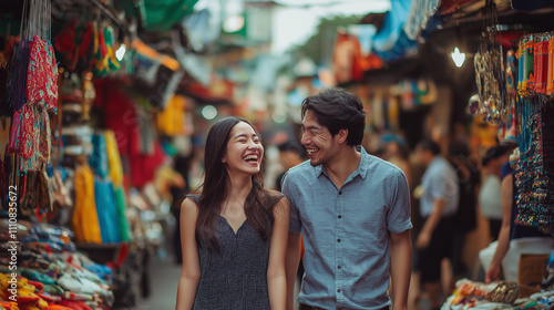 Playful moment of a couple walking through a lively city market, their laughter captured amid colorful stalls and festive energy