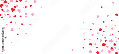 Heart shape pink and red confetti vector frame isolated on white background. Love valentine's background with pink hearts over white.