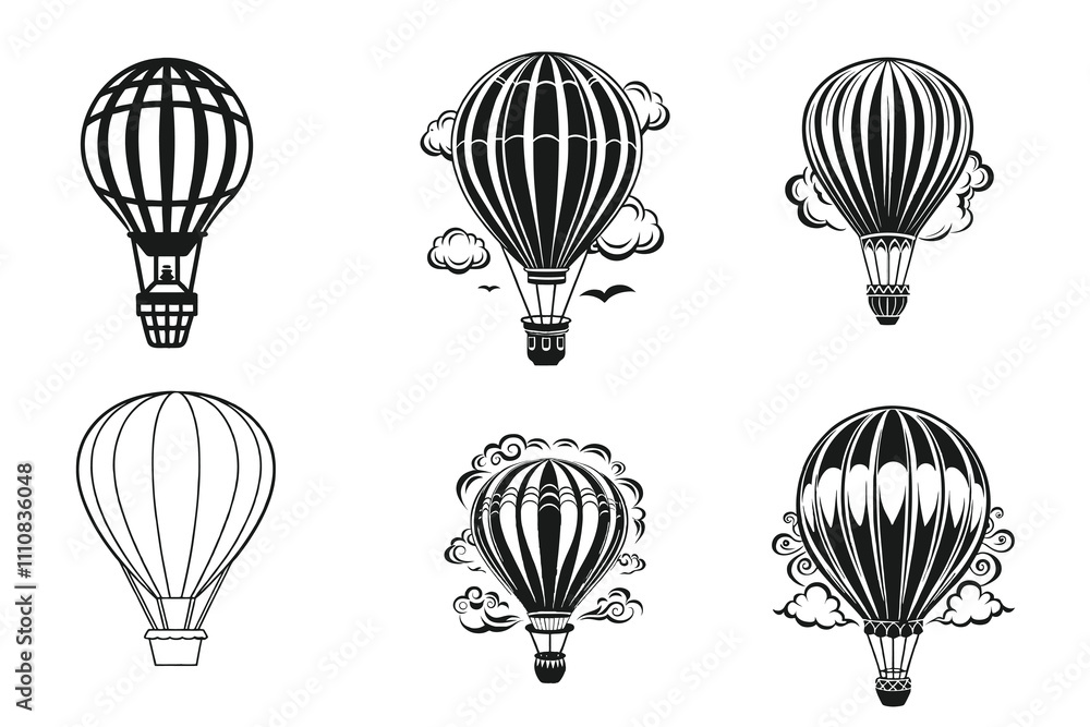 Naklejka premium Set of Hot air Balloon vector silhouette line art 