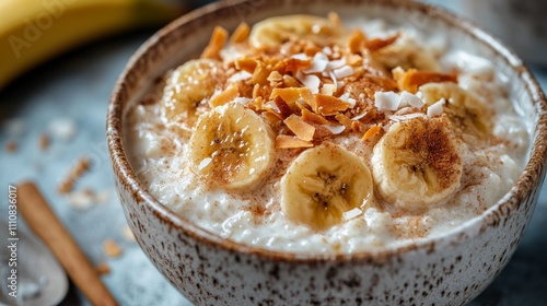 Photo of, A bowl of creamy coconut rice pudding topped with caramelized bananas and toasted coconut flakes, Coconut rice pudding bowl centered