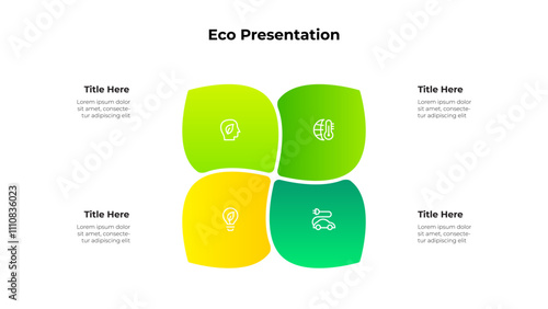 Minimalist eco infographic featuring a 4 leaf cycle design with icons representing sustainability concepts. Environmental presentation