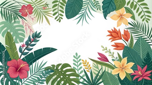 Colorful Floral Banner Frame Design Suitable for Posters and Events Featuring Vibrant Tropical Plants. Generative AI