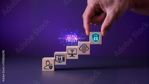 Zero Trust Cybersecurity Concept with Digital Security Icons Representing Data Protection, Cloud Security, Network Access, and User Authentication for Modern IT Frameworks .Person picking wooden box . photo