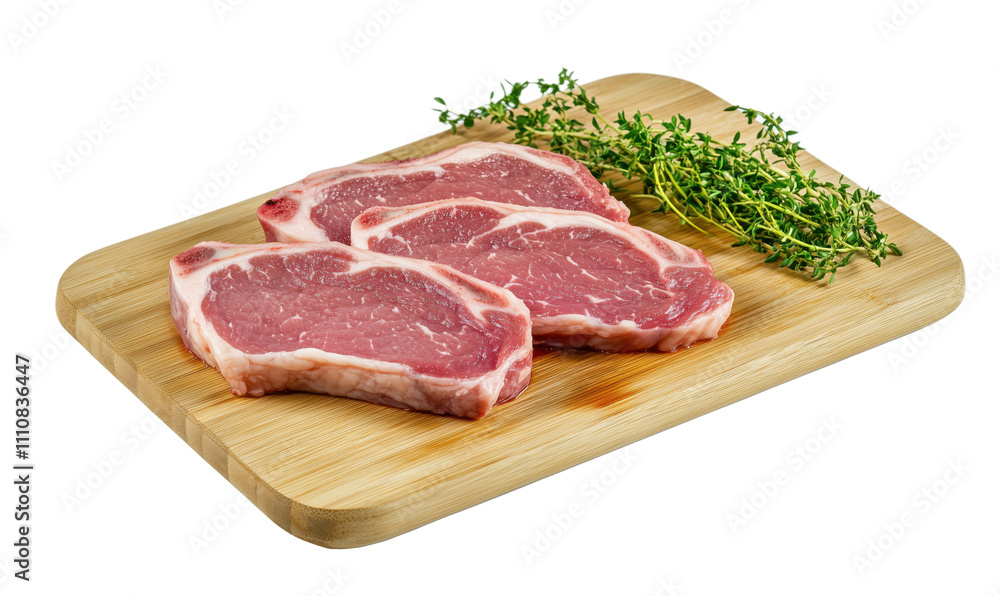 Pork chops with thyme, fresh meat, wooden cutting board, raw ingredients, culinary preparation, isolated on transparent background, png Pork chops with thyme, fresh meat, wooden cutting board, raw ingredients, culinary preparation, isolated on transparent background, png