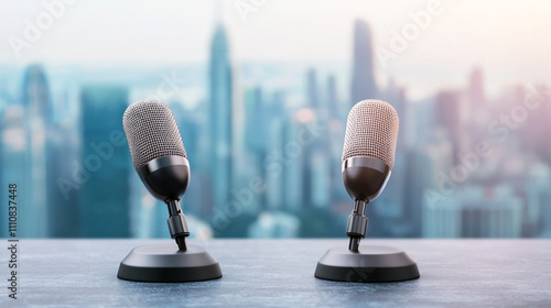 Two microphones on a table in front of a city skyline, perfect for podcasts or conference presentations. photo