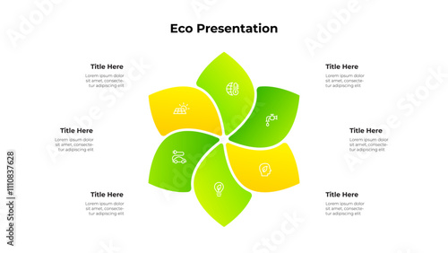 Minimalist eco infographic featuring a 6 leaf cycle design with icons representing sustainability concepts. Environmental presentation