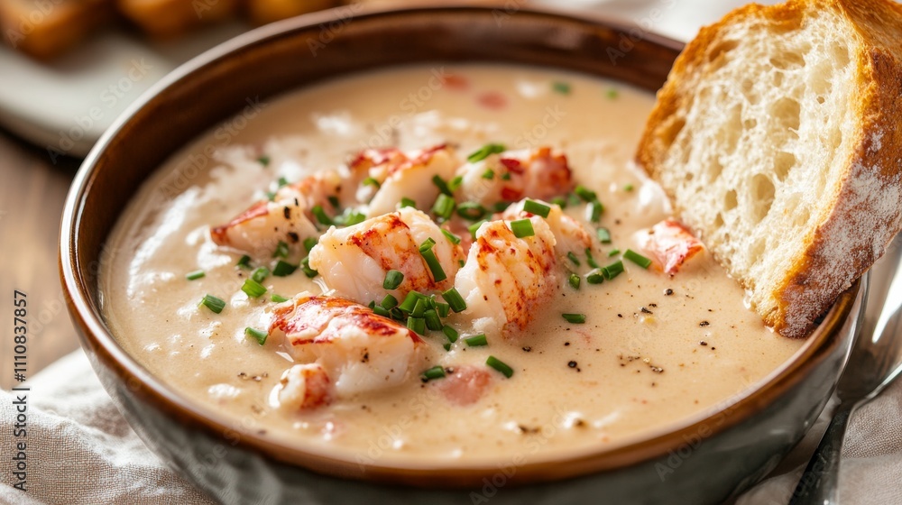 Photo of, A bowl of creamy lobster bisque garnished with a dollop of crème fraîche and chives, served with crusty French bread for dipping Photo of, A bowl of creamy lobster bisque garnished with a dollop of crème fraîche and chives, served with crusty French bread for dipping