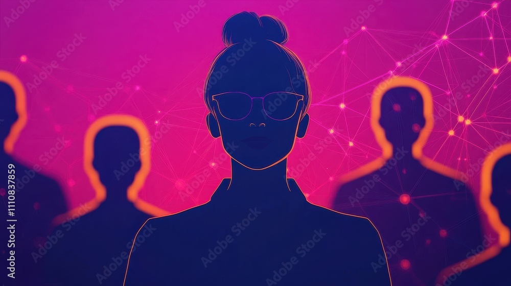 A silhouette of a person with glasses stands out against a vibrant, abstract background filled with connected shapes and glowing figures.