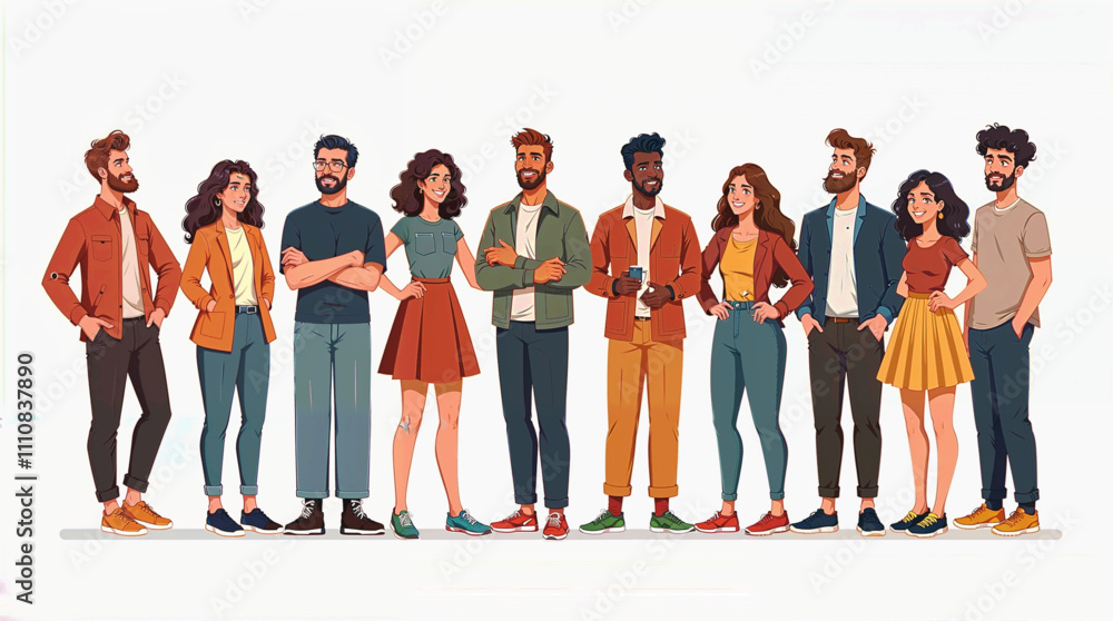 Obraz premium An image showing employees of different ethnic backgrounds coming together to celebrate diversity on a white background. The young people stand side by side, diversity. illustration vector.