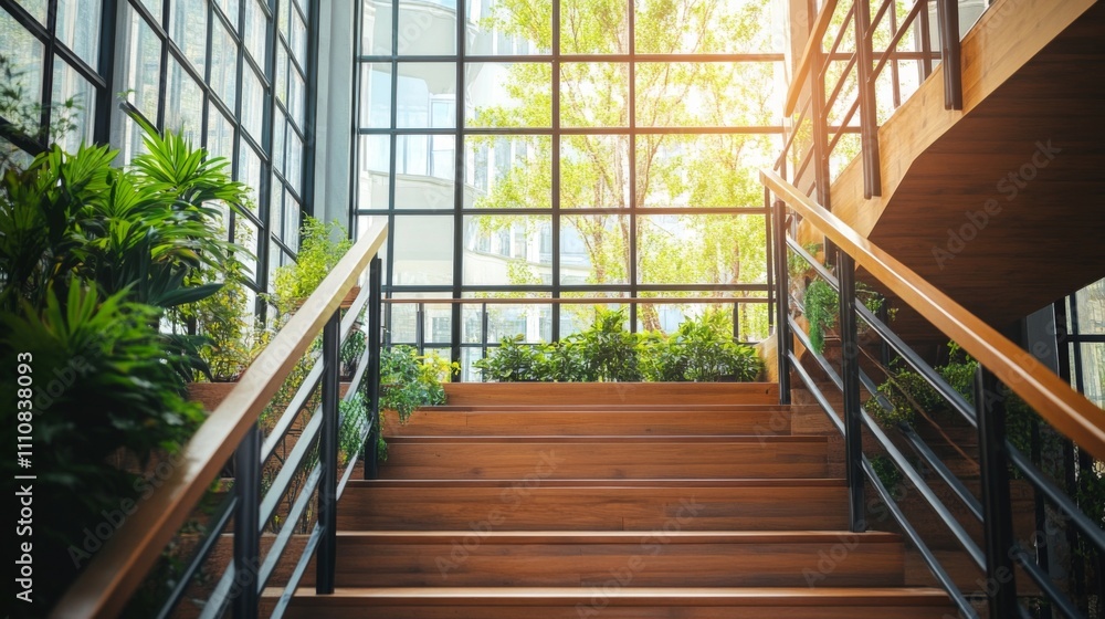 Obraz premium Modern Wooden Staircase with Lush Greenery and Natural Light
