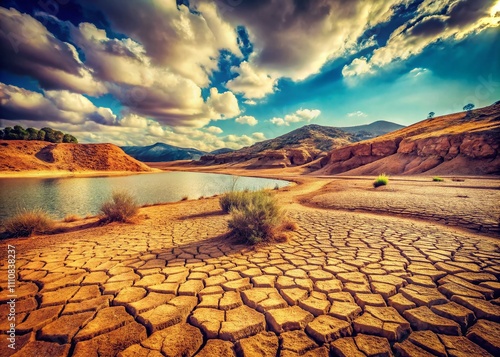 Vintage Style Photography of Dry and Cracked Land at Loteta Reservoir in Gallur, Spain, Showcasing the Effects of Climate Change, Desertification, and Drought Conditions photo