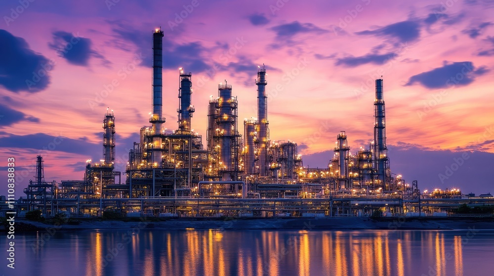 A petrochemical plant at night with glowing lights and flares A petrochemical plant at night with glowing lights and flares