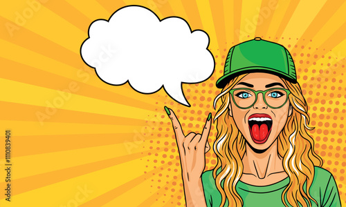 Young woman in pop art style wearing a baseball cap and glasses shows the rock sign. On a yellow background. Pop art vector comic style