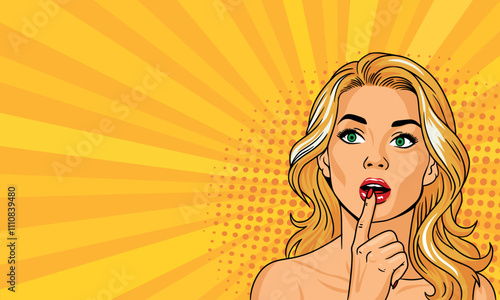 Young blonde woman in pop art style thinking. On a yellow background. Pop art vector comic style